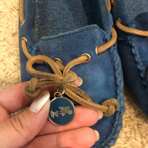 Coach Blue Suede Moccasin Slippers with Tan Laces - Picture 3 of 8